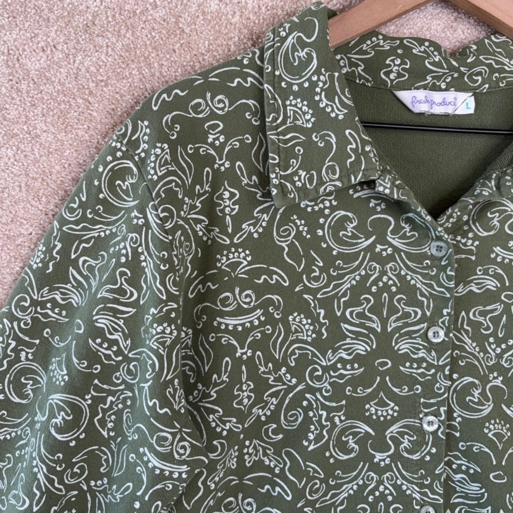Fresh Produce‎ Cotton Button Up Shirt Size Large Green Floral Boxy Casual